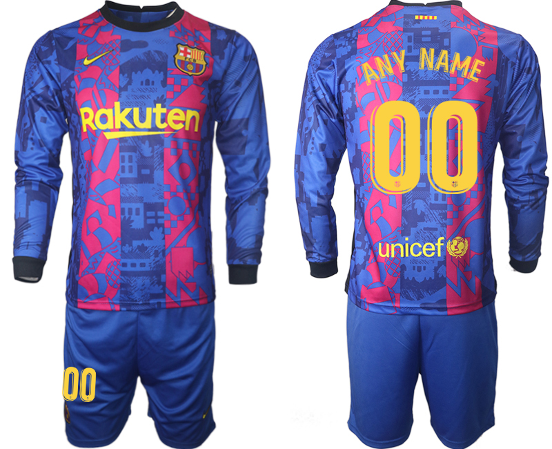 Men 2021-2022 Club Barcelona Second away blue Long Sleeve customized Soccer Jersey